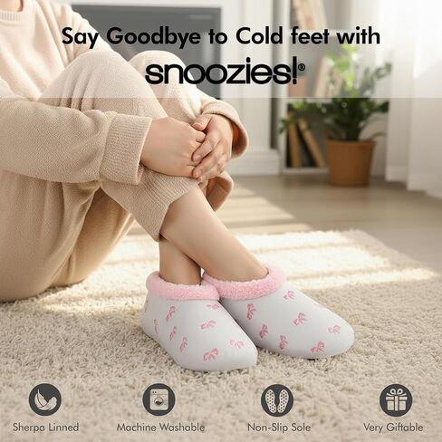 شبشب Snoozies Pink Bow غير قابل للانزلاق، شبشب منزلي من الإسفنج الذكي للنساء مع بطانة ناعمة من الشيربا، أحذية منزلية نسائية in Saudi Arabia