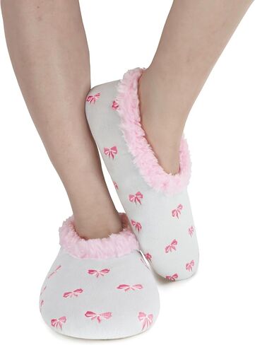 شبشب Snoozies Pink Bow غير قابل للانزلاق، شبشب منزلي من الإسفنج الذكي للنساء مع بطانة ناعمة من الشيربا، أحذية منزلية نسائية in Saudi Arabia