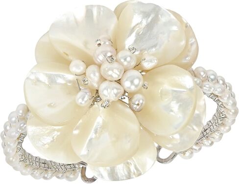 AeraVida Handmade Floral Cuff Bracelet with White Mother of Pearl and Freshwater Pearls | Adjustable Stainless Steel Wire Bracelet | Elegant Shell & Pearl Jewelry for Women in Saudi Arabia