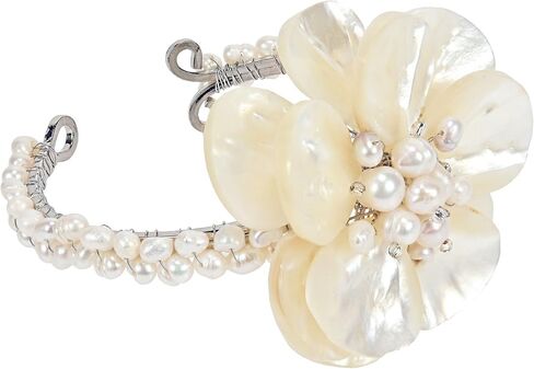 AeraVida Handmade Floral Cuff Bracelet with White Mother of Pearl and Freshwater Pearls | Adjustable Stainless Steel Wire Bracelet | Elegant Shell & Pearl Jewelry for Women in Saudi Arabia
