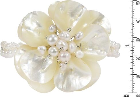 AeraVida Handmade Floral Cuff Bracelet with White Mother of Pearl and Freshwater Pearls | Adjustable Stainless Steel Wire Bracelet | Elegant Shell & Pearl Jewelry for Women in Saudi Arabia