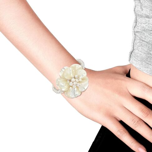 AeraVida Handmade Floral Cuff Bracelet with White Mother of Pearl and Freshwater Pearls | Adjustable Stainless Steel Wire Bracelet | Elegant Shell & Pearl Jewelry for Women in Saudi Arabia