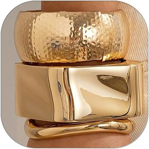 Big Chunky Gold Bracelets Set for Women 3Pcs Cuff Wide Bracelet Trendy High Shine Bracelets Minimalist Open Wide Cuff Bracelets Gold Bangle Bracelet Jewelry for Women in Saudi Arabia