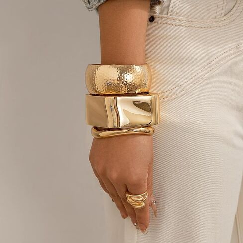 Big Chunky Gold Bracelets Set for Women 3Pcs Cuff Wide Bracelet Trendy High Shine Bracelets Minimalist Open Wide Cuff Bracelets Gold Bangle Bracelet Jewelry for Women in Saudi Arabia