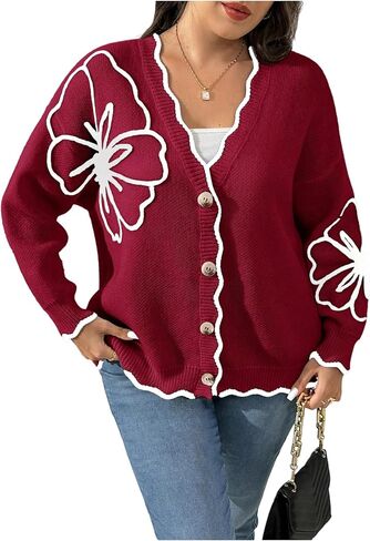 Verdusa Women's Plus Size Floral Cardigan Sweaters Button Front Knit Outerwear Autumn Outfits in Saudi Arabia