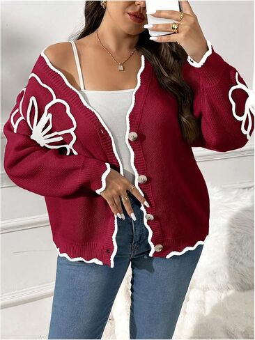 Verdusa Women's Plus Size Floral Cardigan Sweaters Button Front Knit Outerwear Autumn Outfits in Saudi Arabia