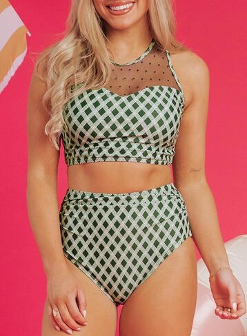 Dotted Mesh Plaid Patchwork High Waisted Tankini Set for Women in Saudi Arabia