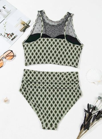 Dotted Mesh Plaid Patchwork High Waisted Tankini Set for Women in Saudi Arabia