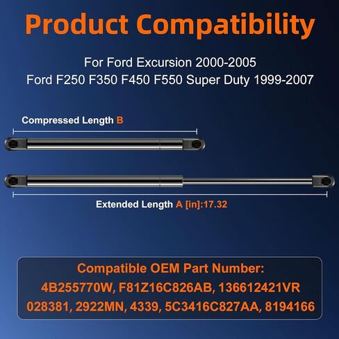 الكمية (2) F81Z16C826AA دعم رفع غطاء محرك السيارة متوافق مع Ford F250 F350 F450 F550 Super Duty 1999-2007، غطاء محرك السيارة الربيعي يناسب Ford Excursion 2000-2005 استبدال OE#4B255770 4339 in Saudi Arabia