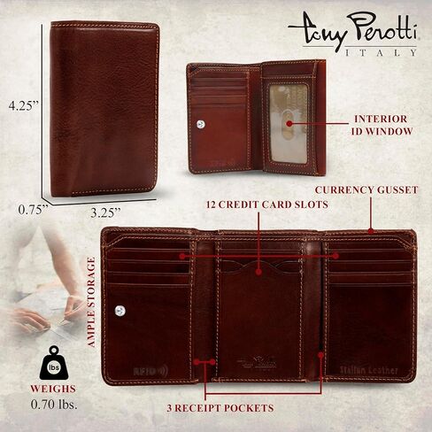 Tony Perotti Men's Italian Leather Trifold RFID Wallet With ID Window, Card Holders, Currency Gusset, Receipt Pockets - Eco-Friendly Vegetable-Tanned Full Grain Leather in Saudi Arabia