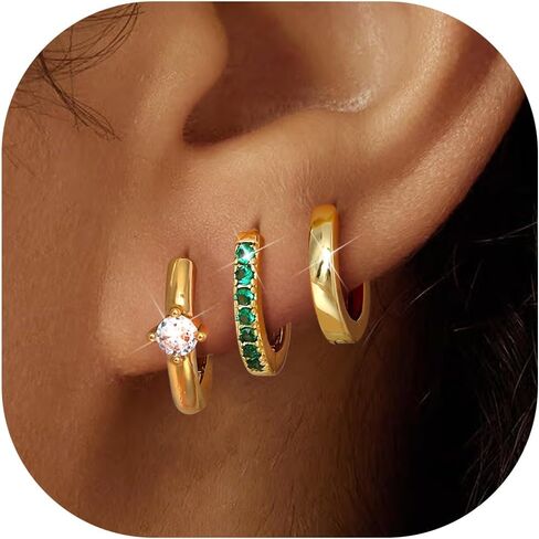 LOYALLOOK 3Pairs Gold Hoop Earrings Set for Women Trendy Huggie Hoop Earrings Stacks for Multiple Piercing 14K Gold Plated Chunky Hoop Earrings Set Hypoallergenic Cartilage Earring Lightweight in Saudi Arabia