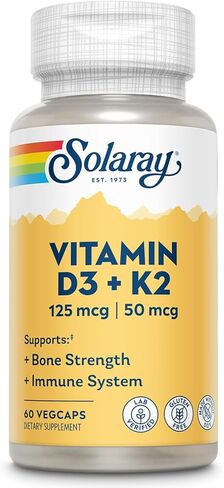SOLARAY فيتامين D3 K2 - مكمل لدعم صحة العظام والمناعة - مع 5000 وحدة دولية من فيتامين D مثل فيتامين D3 و50 ميكروغرام فيتامين K2 مثل مينوكوينون MK7، مصنوع بدون فول الصويا، ضمان لمدة 60 يومًا، 180 خدمة، 180 كبسولة نباتية in Kuwait