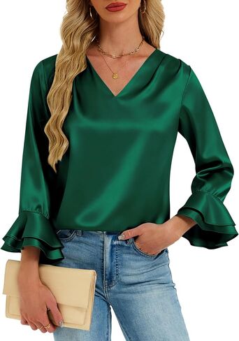 Womens Satin Silk Blouses 3/4 Sleeves Ruffle Shirts Dressy Business Casual Tops V Neck Pleated Elegant Work Office Wear in Saudi Arabia