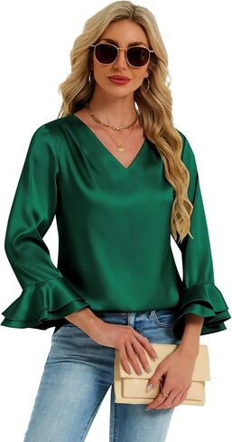 Womens Satin Silk Blouses 3/4 Sleeves Ruffle Shirts Dressy Business Casual Tops V Neck Pleated Elegant Work Office Wear in Saudi Arabia
