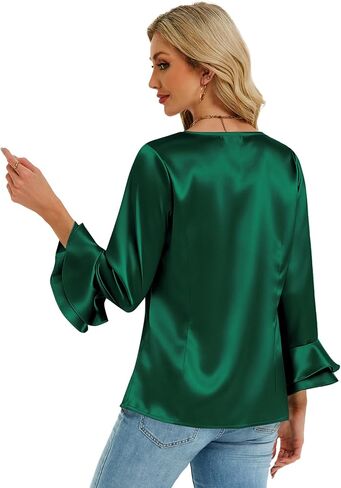 Womens Satin Silk Blouses 3/4 Sleeves Ruffle Shirts Dressy Business Casual Tops V Neck Pleated Elegant Work Office Wear in Saudi Arabia