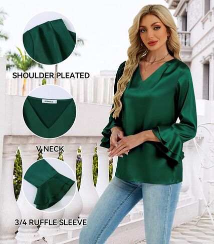 Womens Satin Silk Blouses 3/4 Sleeves Ruffle Shirts Dressy Business Casual Tops V Neck Pleated Elegant Work Office Wear in Saudi Arabia