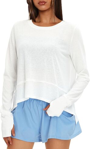 Darong Cotton Long Sleeve Workout Shirts for Women Loose Fit Athletic Yoga T-Shirts Casual Slouchy Crop Running Tees in Saudi Arabia