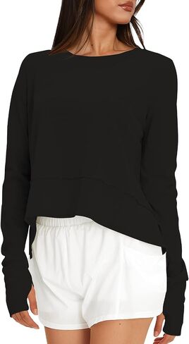 Darong Cotton Long Sleeve Workout Shirts for Women Loose Fit Athletic Yoga T-Shirts Casual Slouchy Crop Running Tees in Saudi Arabia