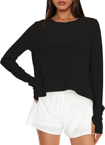 Darong Cotton Long Sleeve Workout Shirts for Women Loose Fit Athletic Yoga T-Shirts Casual Slouchy Crop Running Tees in Saudi Arabia