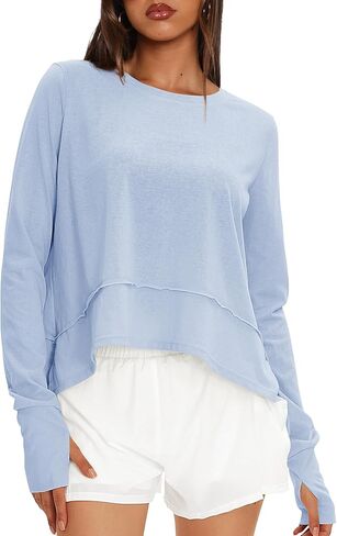 Darong Cotton Long Sleeve Workout Shirts for Women Loose Fit Athletic Yoga T-Shirts Casual Slouchy Crop Running Tees in Saudi Arabia