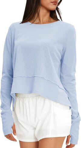Darong Cotton Long Sleeve Workout Shirts for Women Loose Fit Athletic Yoga T-Shirts Casual Slouchy Crop Running Tees in Saudi Arabia
