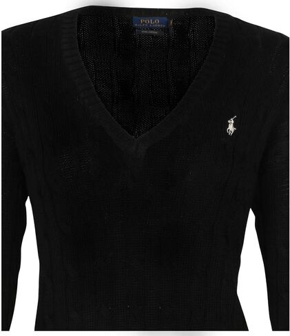 Polo RL Women's Cable Knit V-Neck Pony Sweater-Polo Black-Small in Saudi Arabia
