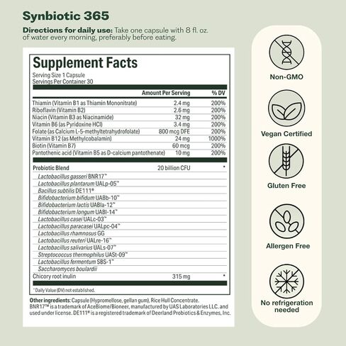 Synbiotic 365 Triple Action Prebiotics and Probiotics for Women & Men | Supplement with B Vitamins, Biotin & Niacin | Gluten Free, Non-GMO & Vegan | 20 Billion CFU | 30 Servings in Saudi Arabia