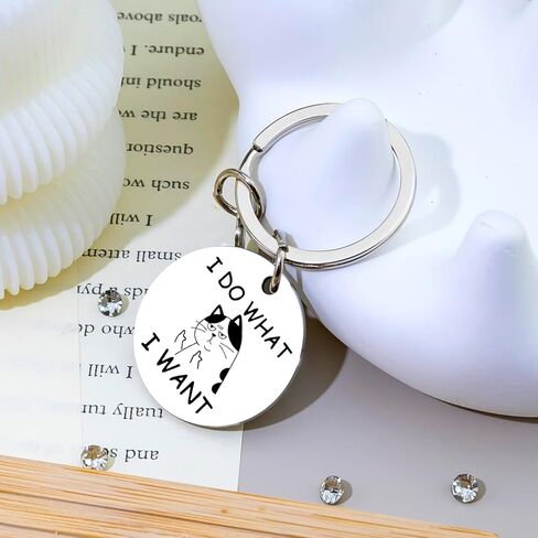 Cat Keychain Funny Gifts for Women Men Friends Coworker White Elephant Gifts Cat Lovers Gift I Do What I Want Keyring Birthday Graduation Christmas Halloween Basket Stuffers in Saudi Arabia