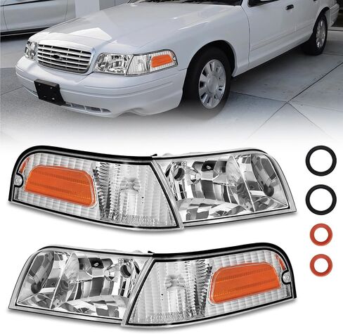 Headlights Assembly Fit For 1998-2011 Ford Crown Victoria w/Corner Headlamp 98-11 Crown Victoria Passenger and Driver Side (Chrome Housing Amber Reflector) in Saudi Arabia
