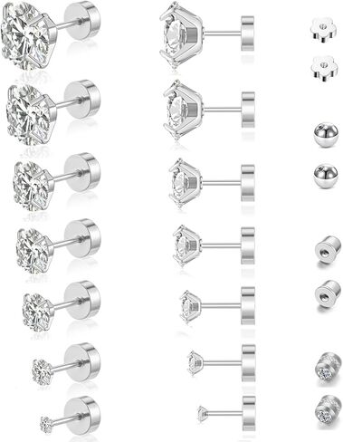 7 Pairs 20G Hypoallergenic Flat Back Earrings Studs for Women Men 2MM-8MM Surgical Stainless Steel Cubic Zirconia Earrings Studs Set for Sensitive Ears Cartilage Tragus Piercing Jewelry with 8 Ball Flat Screw Back Accessories in Saudi Arabia