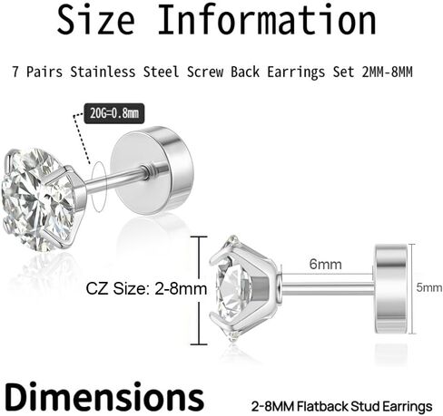 7 Pairs 20G Hypoallergenic Flat Back Earrings Studs for Women Men 2MM-8MM Surgical Stainless Steel Cubic Zirconia Earrings Studs Set for Sensitive Ears Cartilage Tragus Piercing Jewelry with 8 Ball Flat Screw Back Accessories in Saudi Arabia