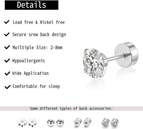 7 Pairs 20G Hypoallergenic Flat Back Earrings Studs for Women Men 2MM-8MM Surgical Stainless Steel Cubic Zirconia Earrings Studs Set for Sensitive Ears Cartilage Tragus Piercing Jewelry with 8 Ball Flat Screw Back Accessories in Saudi Arabia