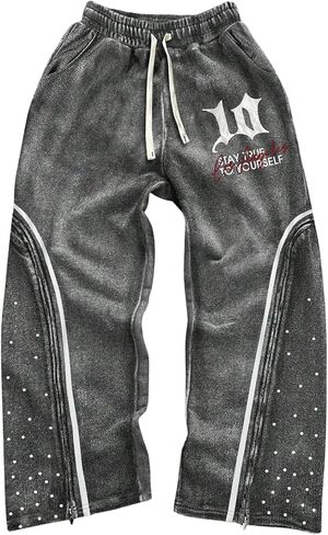 GORGLITTER Men's Letter Graphic Baggy Sweatpants Y2K Wide Leg Drawstring Acid Washed Track Pants with Pockets Streetwear in Saudi Arabia