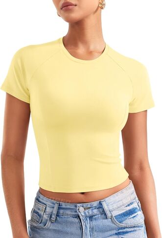 YEOREO Women Tops Baby T-Shirt Short Sleeve Crew Neck Going Out Crop Top Corriny Slim Fit Workout Basic Baby Tee in Saudi Arabia