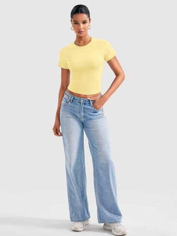 YEOREO Women Tops Baby T-Shirt Short Sleeve Crew Neck Going Out Crop Top Corriny Slim Fit Workout Basic Baby Tee in Saudi Arabia