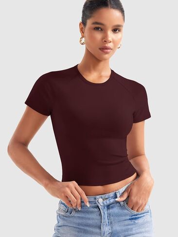 YEOREO Women Tops Baby T-Shirt Short Sleeve Crew Neck Going Out Crop Top Corriny Slim Fit Workout Basic Baby Tee in Saudi Arabia
