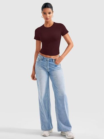 YEOREO Women Tops Baby T-Shirt Short Sleeve Crew Neck Going Out Crop Top Corriny Slim Fit Workout Basic Baby Tee in Saudi Arabia