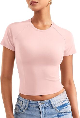 YEOREO Women Tops Baby T-Shirt Short Sleeve Crew Neck Going Out Crop Top Corriny Slim Fit Workout Basic Baby Tee in Saudi Arabia