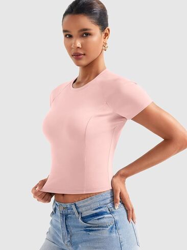 YEOREO Women Tops Baby T-Shirt Short Sleeve Crew Neck Going Out Crop Top Corriny Slim Fit Workout Basic Baby Tee in Saudi Arabia