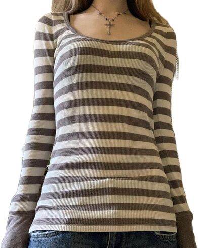 Women Y2k Striped Long Sleeve Shirt Grunge Tops Vintage Aesthetic Gothic Color Block Tees Fairy Teens Girls Shirts in Kuwait