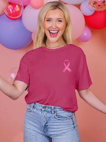 Breast Cancer Shirts for Women Breast Cancer Awareness Tshirt Pink Ribbon Graphic Short Sleeve Tee Tops in Kuwait