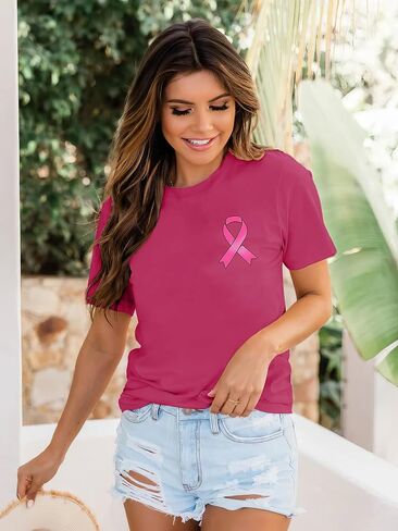 Breast Cancer Shirts for Women Breast Cancer Awareness Tshirt Pink Ribbon Graphic Short Sleeve Tee Tops in Kuwait