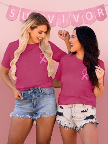 Breast Cancer Shirts for Women Breast Cancer Awareness Tshirt Pink Ribbon Graphic Short Sleeve Tee Tops in Kuwait