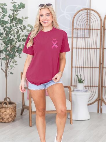 Breast Cancer Shirts for Women Breast Cancer Awareness Tshirt Pink Ribbon Graphic Short Sleeve Tee Tops in Kuwait