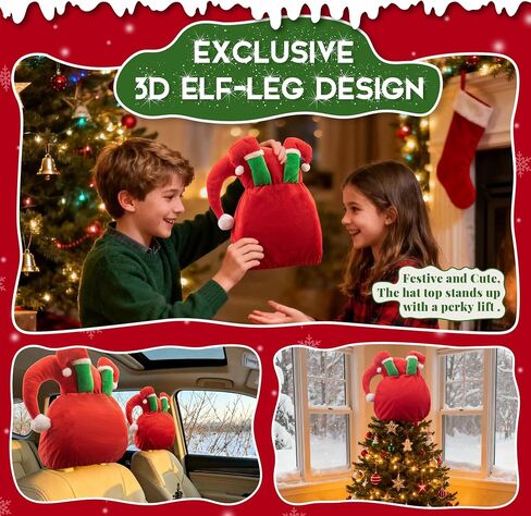Santa Claus Car Seat Headrest Cover Hat with Elf Leg, Used as Christmas Tree Topper Hat and Car Interior Decoration, Washable and Reusable, 2 Pcs in Saudi Arabia
