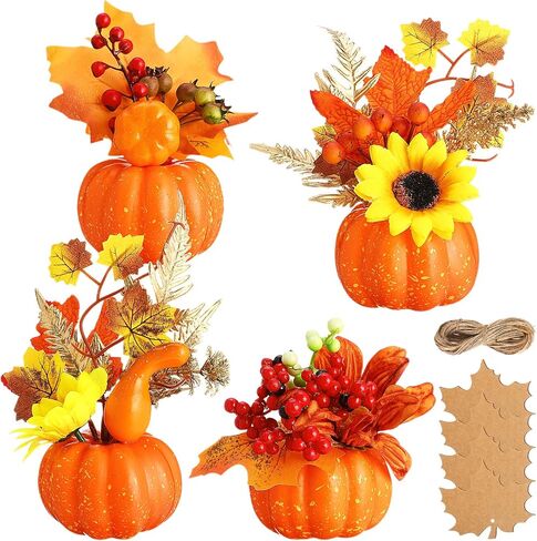 4 Pcs Fake Fall Potted Plants Faux Thanksgiving Floral Arrangements with Artificial Pumpkin Sunflower Maple Leaf Berry Pine Cone Bouquet for Thanksgiving Autumn Harvest Home Tabletop Centerpiece Decor in Saudi Arabia