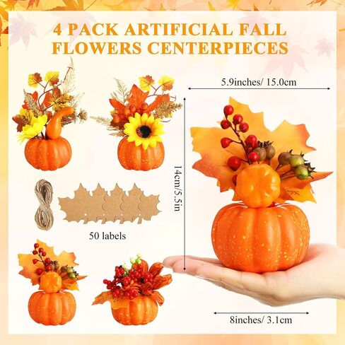 4 Pcs Fake Fall Potted Plants Faux Thanksgiving Floral Arrangements with Artificial Pumpkin Sunflower Maple Leaf Berry Pine Cone Bouquet for Thanksgiving Autumn Harvest Home Tabletop Centerpiece Decor in Saudi Arabia