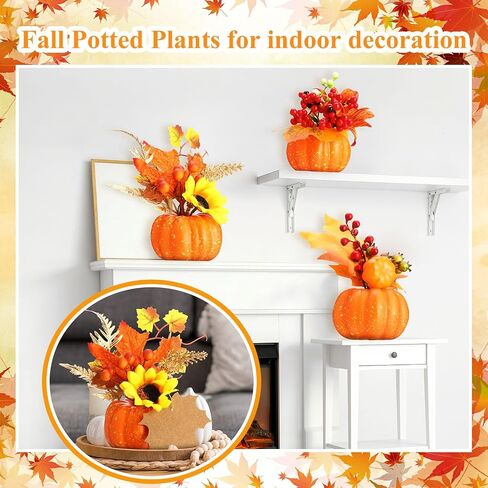 4 Pcs Fake Fall Potted Plants Faux Thanksgiving Floral Arrangements with Artificial Pumpkin Sunflower Maple Leaf Berry Pine Cone Bouquet for Thanksgiving Autumn Harvest Home Tabletop Centerpiece Decor in Saudi Arabia