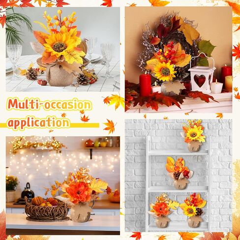 4 Pcs Fake Fall Potted Plants Faux Thanksgiving Floral Arrangements with Artificial Pumpkin Sunflower Maple Leaf Berry Pine Cone Bouquet for Thanksgiving Autumn Harvest Home Tabletop Centerpiece Decor in Saudi Arabia