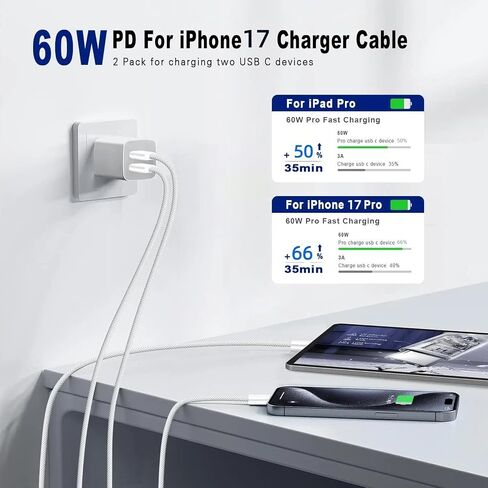 Cabepow 60 واط USB C إلى USB C كابل 3 أقدام 2 حزمة، قصير 3 أقدام مضفر iPhone 15 شاحن سلك 3 أقدام من النوع C إلى النوع C كابل شحن سريع لـ Apple iPhone 15,15 Pro Max، 15 Plus، MacBook Air/Pro، iPad Pro in Kuwait